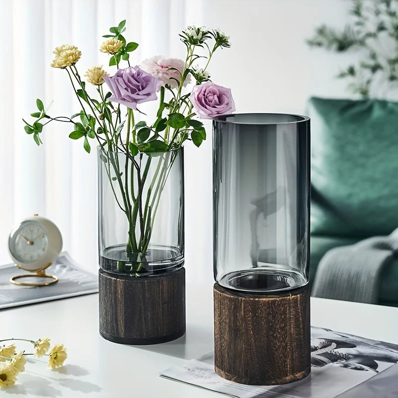 Elegant Glass Vase with Wooden Base for Hydroponic Plants, Modern Tabletop Floral Arrangement Home Decoration