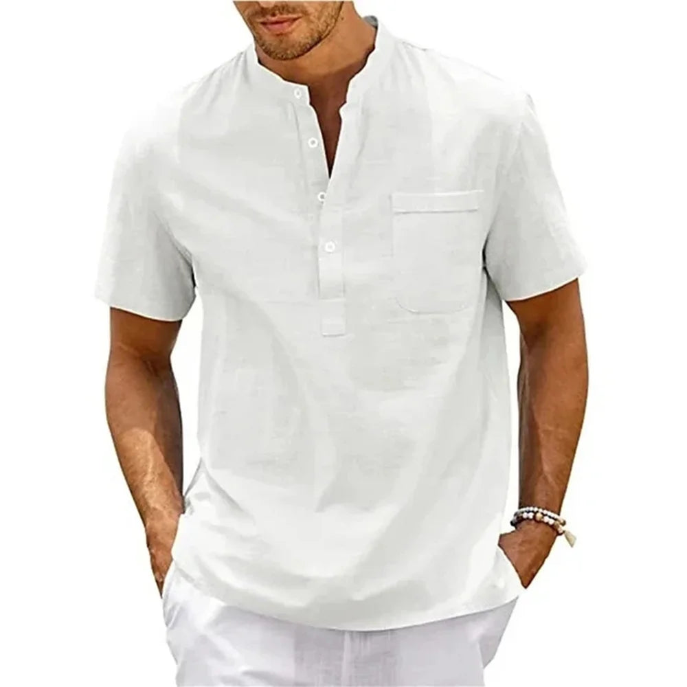 Cotton Linen Shirt Men Henley Neck Pocket Casual Beach Short Sleeve Solid Color Male Tops T-shirts Vintage Streetwear - white