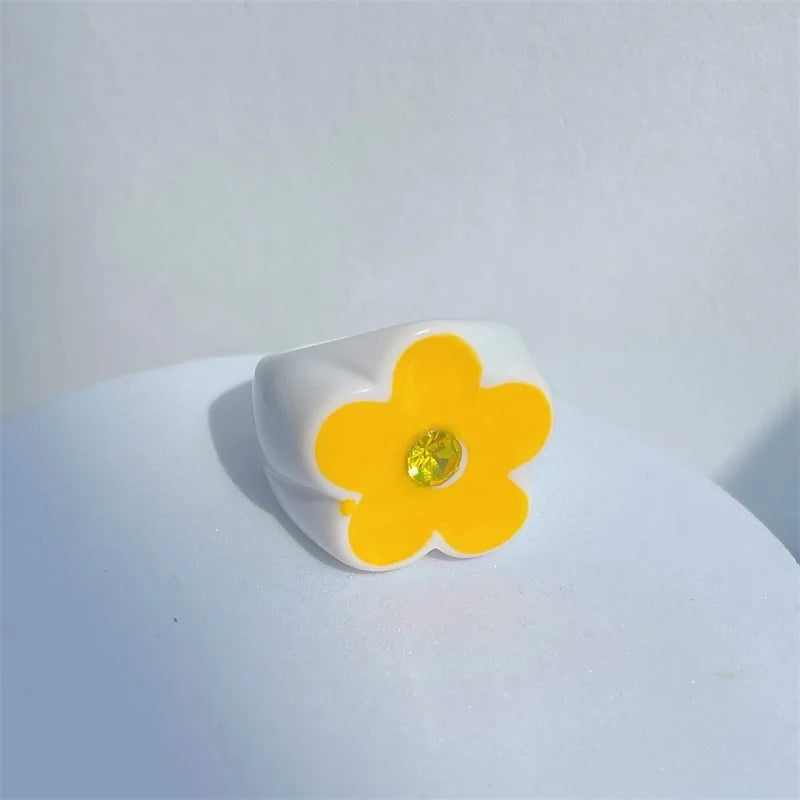 2022 New Sweet Multicolor Resin Oil Drip Ring for Women Geometric Oval Flowers Beads Rhinestones Ring Cute Jewelry HangZhi - 