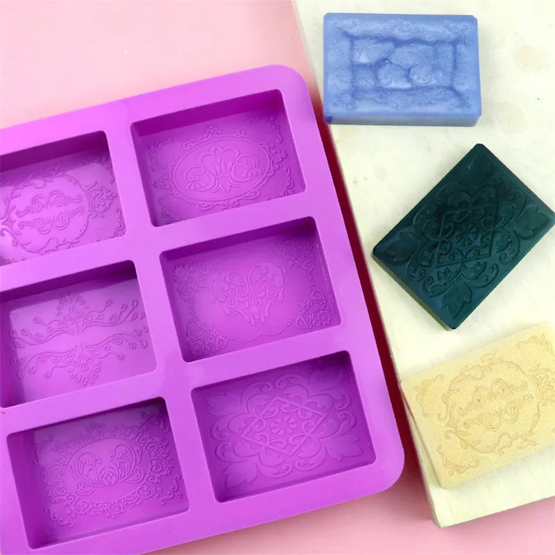 6 grid Handmade Soap Silicon Mold 6 types Floral Pattern Flat Bottom Essential oil Toilet Soap DIY Baking Cake Square Mold