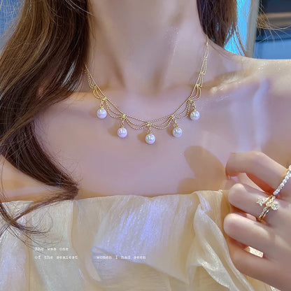 New Beads Women's Neck Chain Kpop Pearl Choker Necklace Gold Color Goth Chocker Jewelry On The Neck Pendant 2022 Collar For G