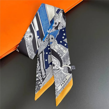 French Retro Print Tying and Wrapping Handle Ribbon Women's Imitation Silk Scarf Light Luxury Saddle Printed Streamer Decorat