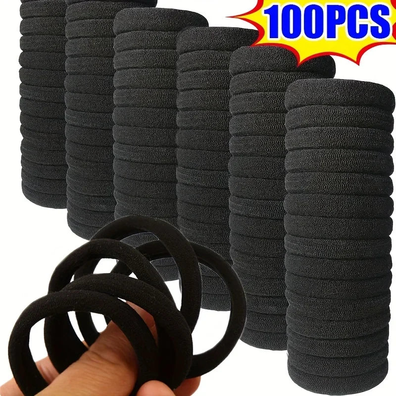 High Elastic Hair Bands For Girls Black Hairband Rubber Ties Ponytail Holder Scrunchies Kids Hair Accessories - Black 100pcs