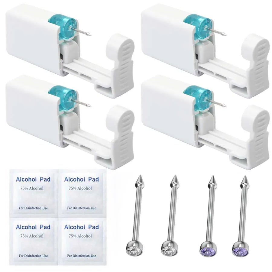 4PCS Self Hypoallergenic Nose Piercing Kit-Disposable Nose Piercing Gun with Built-in Nose Studs