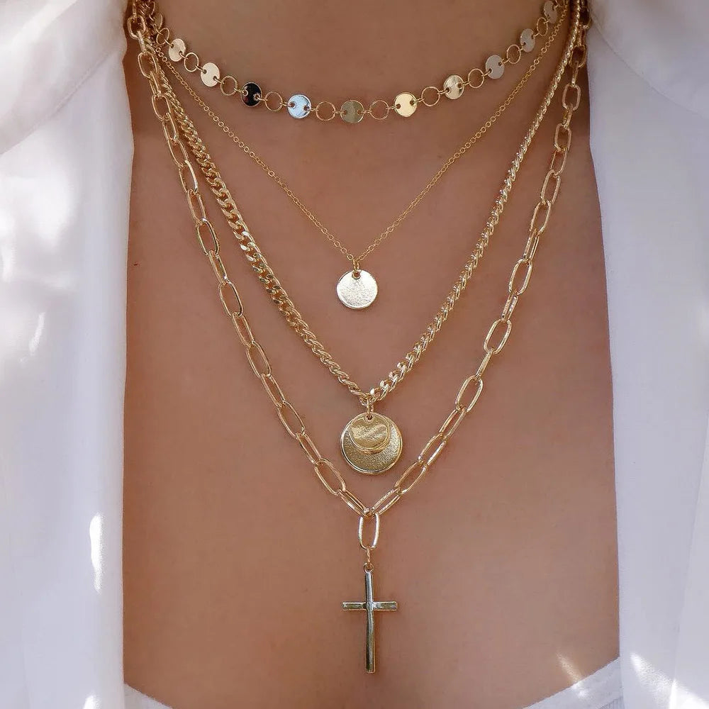 Vintage Gold Color Multiple Styles Necklace For Women Trendy Multi-Layer Disc Pendant Necklaces New Tendyaces Set Jewelry Gif