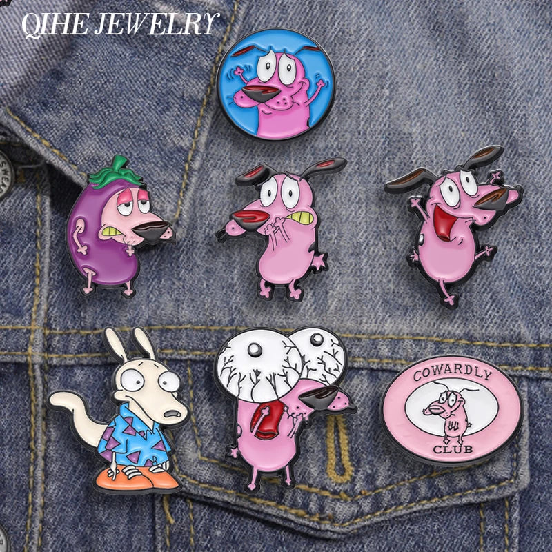 Cartoon Courage Cowardly Dog Brooch Enamel Pins Cute Pink Animal Dog Brooches Clothes Lapel Badges Jewelry Gift for Kids Frie
