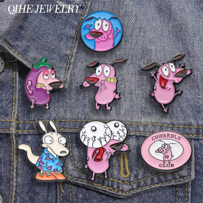 Cartoon Courage Cowardly Dog Brooch Enamel Pins Cute Pink Animal Dog Brooches Clothes Lapel Badges Jewelry Gift for Kids Frie