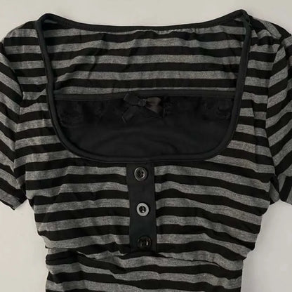 Vintage Slim Lace T-shirt Solid Color Casual Pattern Commuter High Street Fashion Y2K Cropped Top Trash Punk Hop Women's T-sh