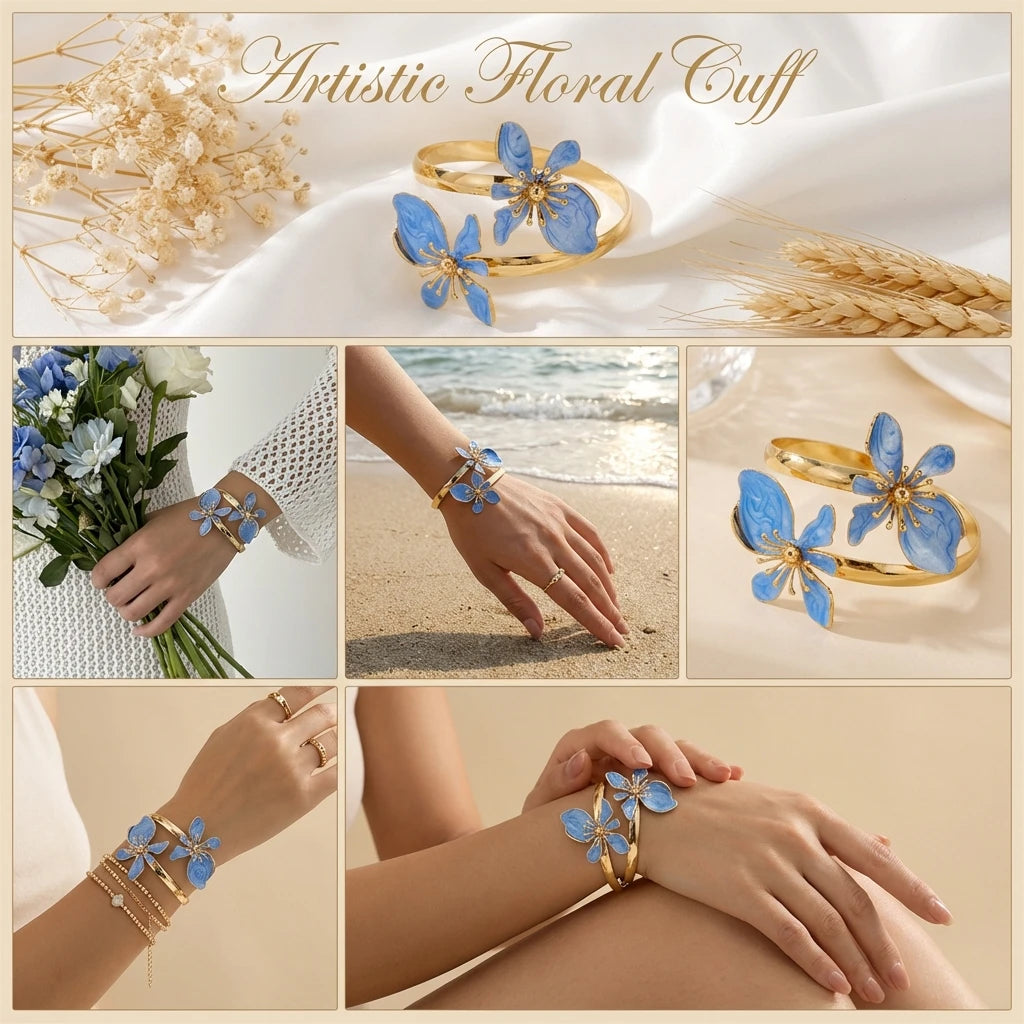 Elegant Enamel Flower Open Cuff Bracelet For Women Gold Plated Metal Pink White Blue Floral Bangles Beach Party Vacation Jewe