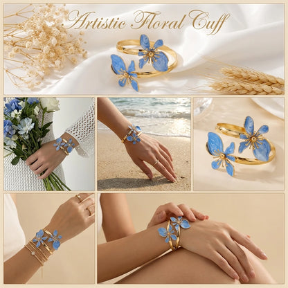Elegant Enamel Flower Open Cuff Bracelet For Women Gold Plated Metal Pink White Blue Floral Bangles Beach Party Vacation Jewe