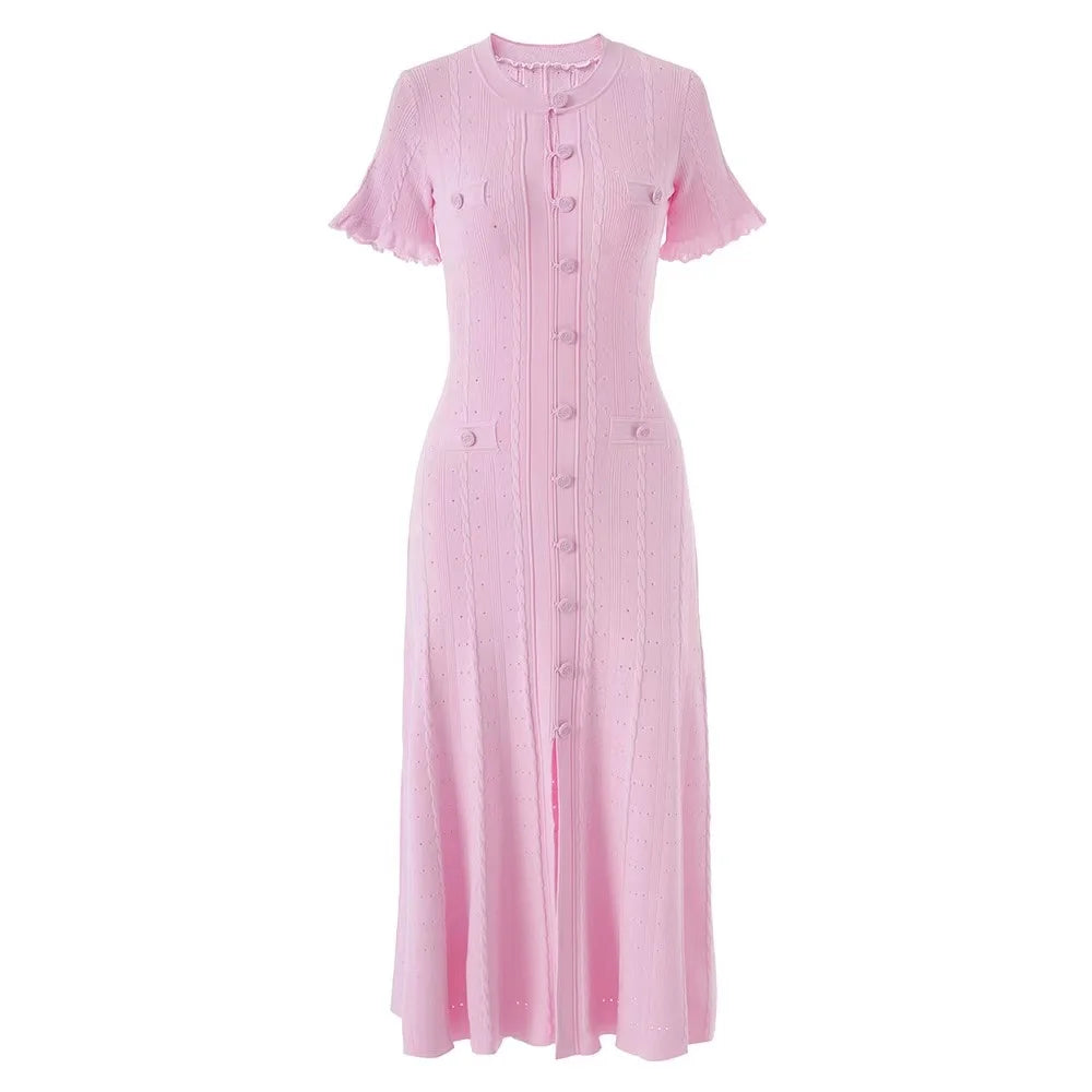 Vintage Cable Knit Midi Dress Button Front Ruffled Short Sleeve Pocket Design Elegant Party Casual Knitted Dress