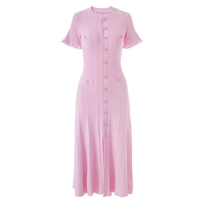 Vintage Cable Knit Midi Dress Button Front Ruffled Short Sleeve Pocket Design Elegant Party Casual Knitted Dress
