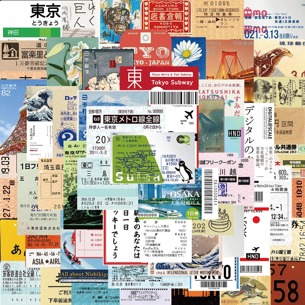 60Pcs INS Style Stamp Sticker Japanese Postcard Ticket Stationery Travel Diary Luggage Waterproof Helmet Stickers