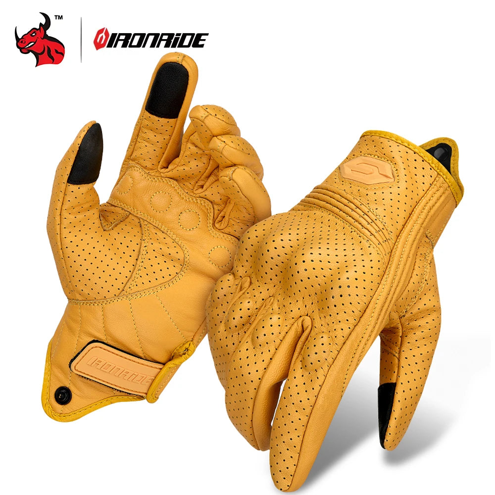 ​Vintage Leather Motorcycle Gloves Summer Breathable Unisex Biker Gloves With Anti-Slip Ventilation Design Motorbike Ride Glo