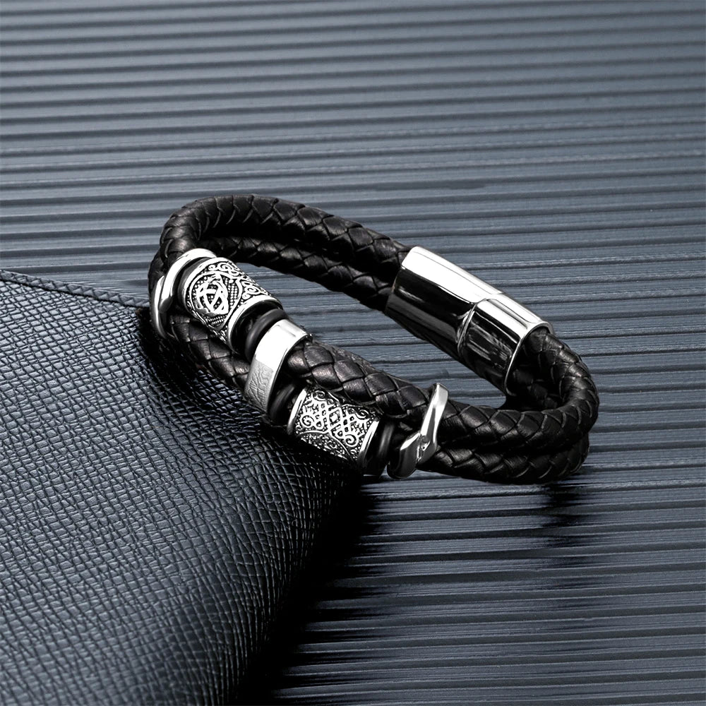 Vintage Vikings Compass Multilayer Genuine Leather Bracelet Men Stainless Steel Norse Runes Valknut Bangle Scandinavian Jewel