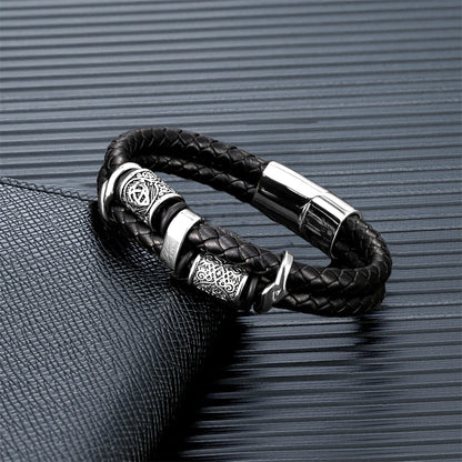 Vintage Vikings Compass Multilayer Genuine Leather Bracelet Men Stainless Steel Norse Runes Valknut Bangle Scandinavian Jewel