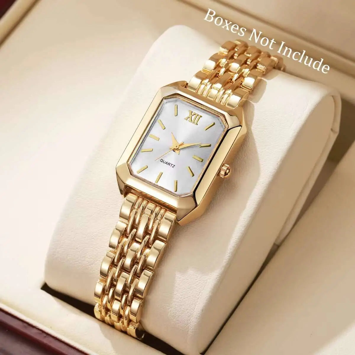 Fashion Rectangle Women Quartz Watch Luxury Analog Wristwatches Reloj Mujer Girls Clock Gift（Without Box） - Gold White No Box
