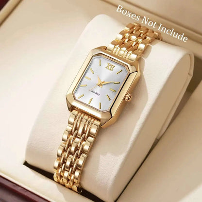 Fashion Rectangle Women Quartz Watch Luxury Analog Wristwatches Reloj Mujer Girls Clock Gift（Without Box） - Gold White No Box