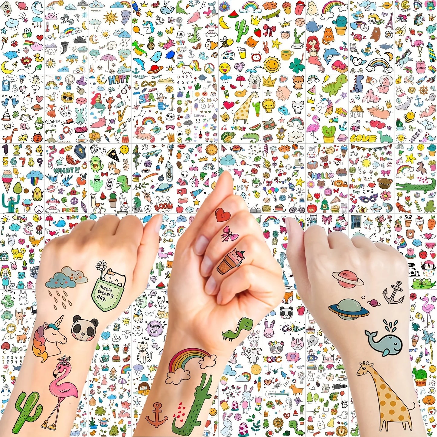 60 Sheets 1000+ Patterns Cute Cartoon Temporary Tattoos Animals Zoo Mermaid Dinosaur Unicorn Cat Dog Pets - 60pcs-K2