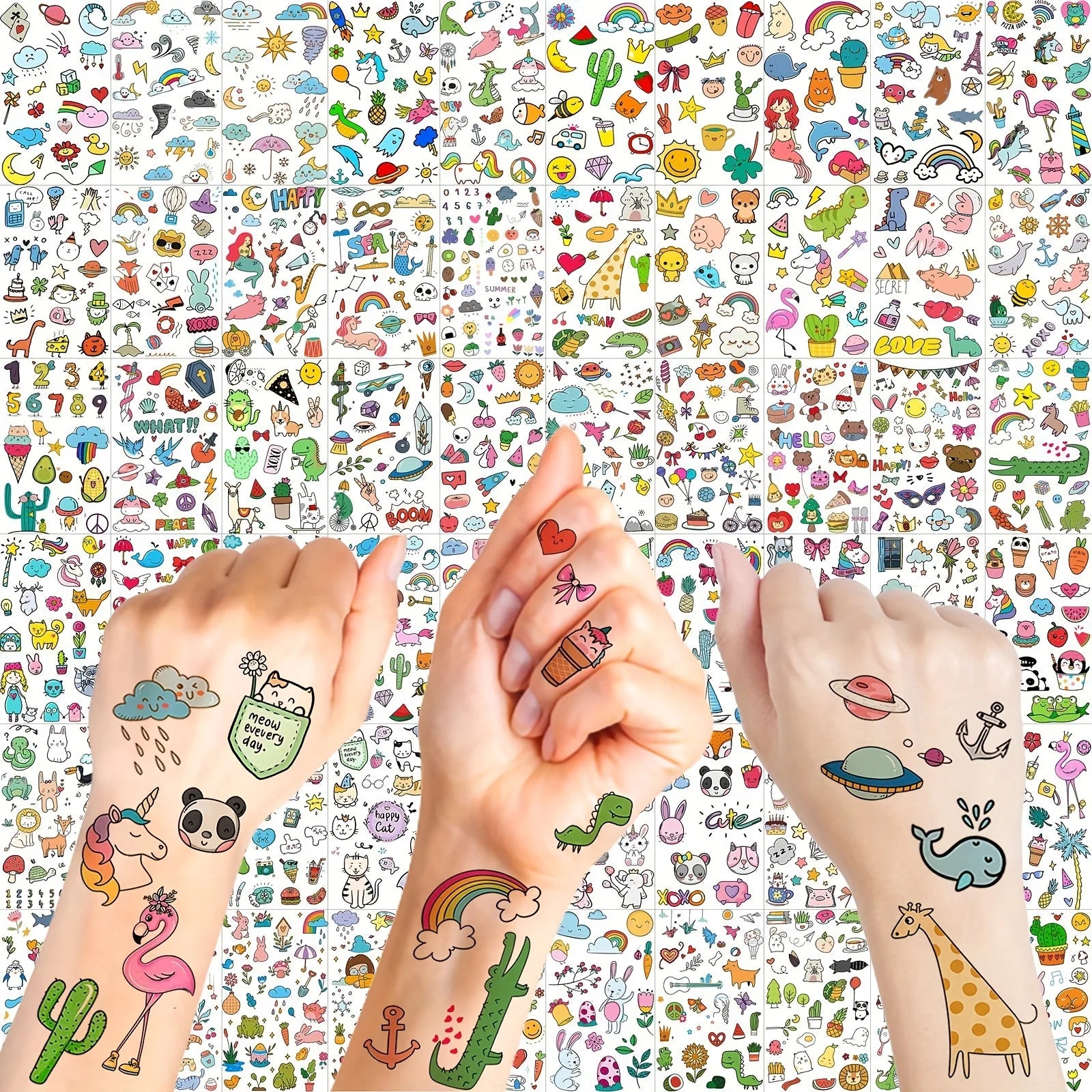 60 Sheets 1000+ Patterns Cute Cartoon Temporary Tattoos Animals Zoo Mermaid Dinosaur Unicorn Cat Dog Pets - 60pcs-K2