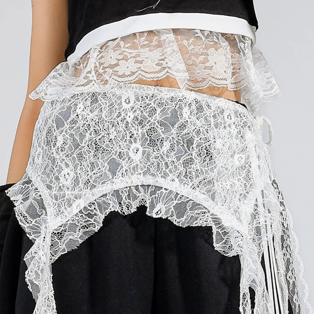 Embroidered Flower Lace Mini Skirt Irregular Y2K Streetwear Ruched Skirts High Waist See Through Lace Up Ruffles Skirt - 2