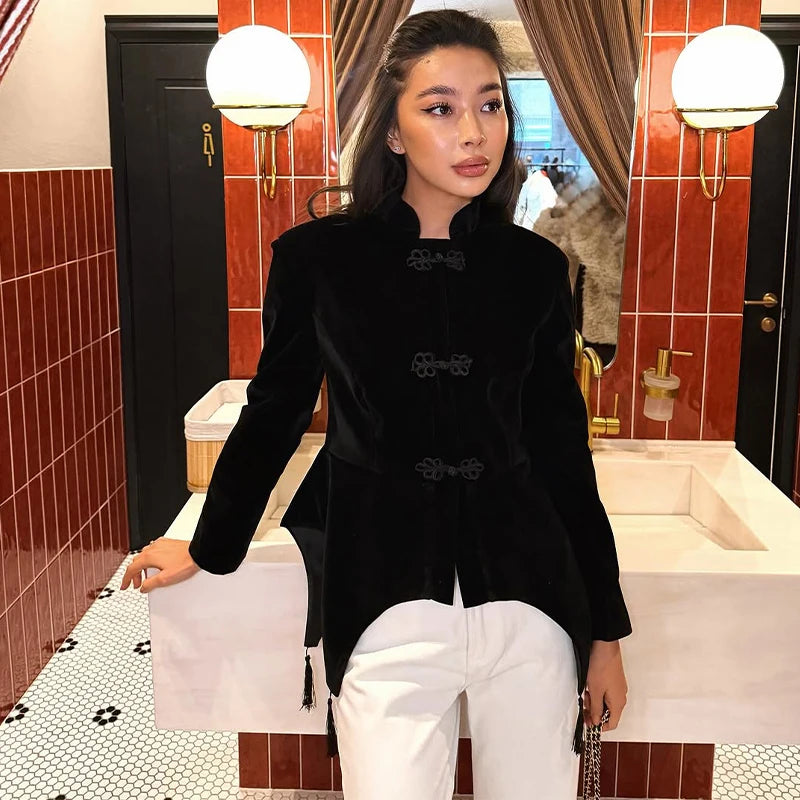 Frog Closure Velvet Tassel Jacket Slim Long Sleeve Mandarin Collar 2026 Spring Fashion Elegant Women Outerwear Chic Lady Coat