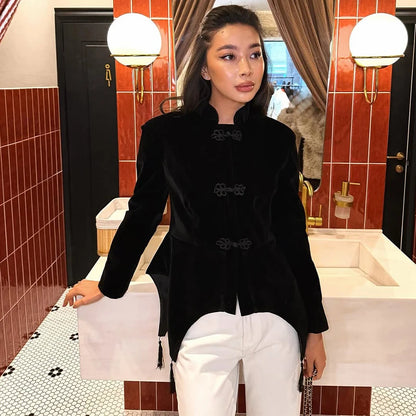 Frog Closure Velvet Tassel Jacket Slim Long Sleeve Mandarin Collar 2026 Spring Fashion Elegant Women Outerwear Chic Lady Coat