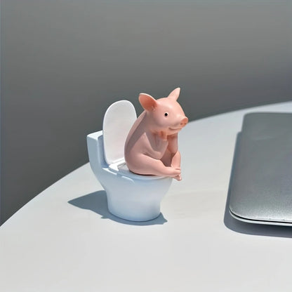 Cute Pig Sitting on Toilet — Pvc Bathroom Statue, Tabletop or Wall-Mount Decor — Father's Day Gift for Home & Office