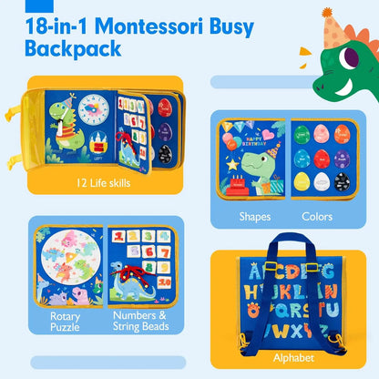 Toddler Busy Board Montessori Toys Learning Educational Activities Travel Toy Dinosaur Dress up Sensory Life Skill Backpack