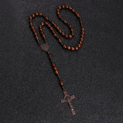 Christ Jesus Wooden Beads 8mm Rosary Bead Cross Car Pendant Woven Rope Chain Necklace Religious Orthodox Praying Jewelry