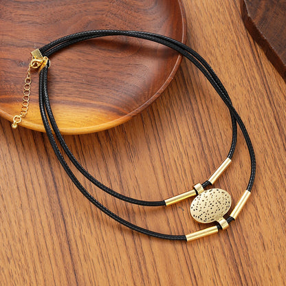 Vintage Oval Metal Faux Leather Necklace Bracelet For Women Fashion Gold Silver Color 2Pcs/Set Double Layered Chain Jewelry S