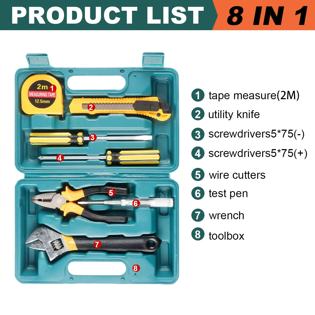 8/9/12/13Piece Tools Set General House hold Hand Tool Kit with Plastic Toolbox Storage Case Used to Car repair And home Repai