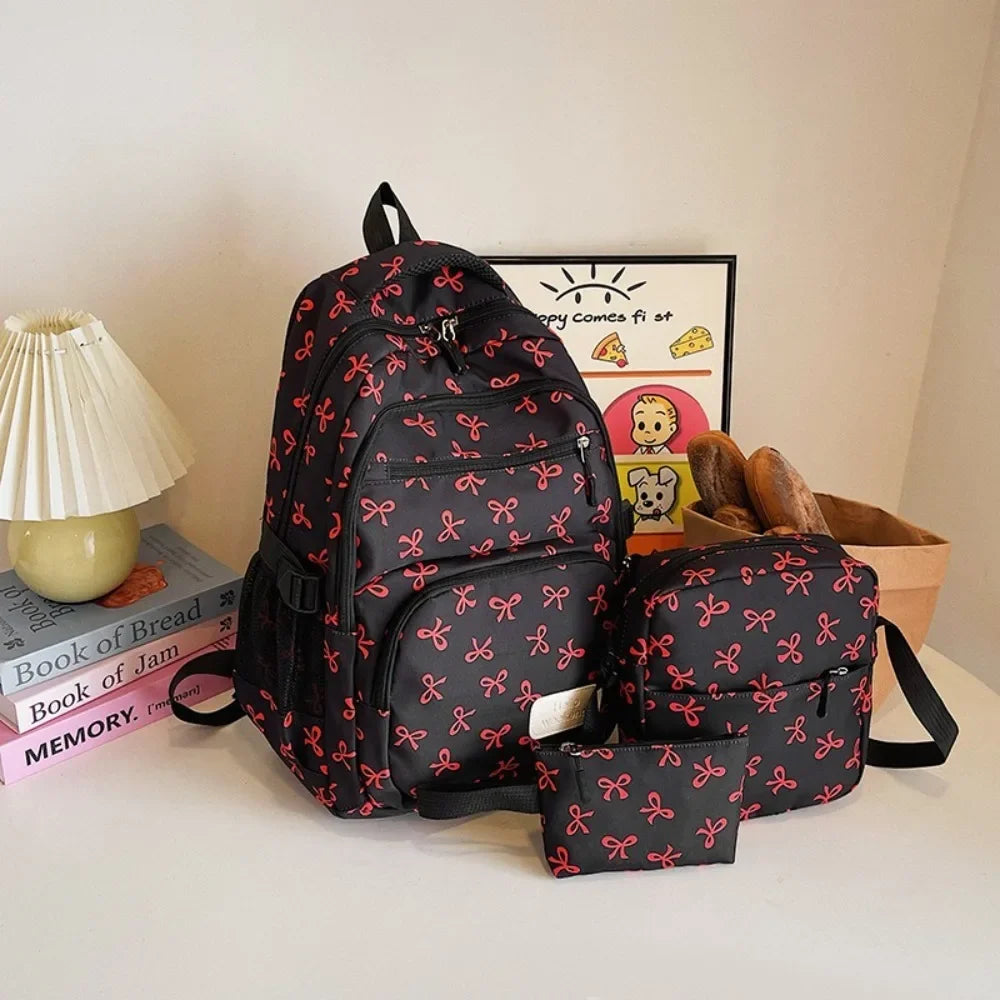 3 Pcs/Set Cute Schoolbag Large Capacity Bow Backpack Bow Print Nylon School Bag Adjustable Strap Travel Backpack