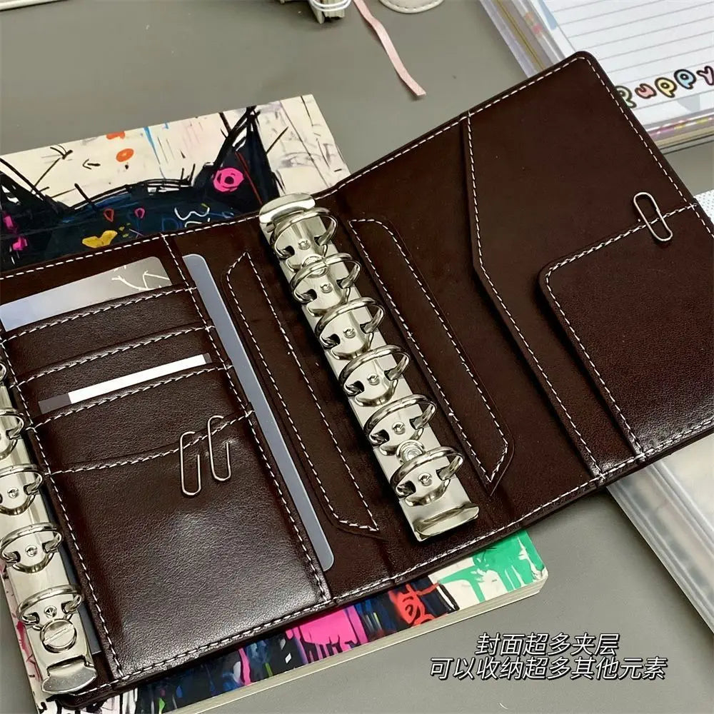 2 Binders A7 Notebook Detachable Loose-Leaf Dark Brown Notepad Portable Faux Leather Schedule Planner, With 80 Pages
