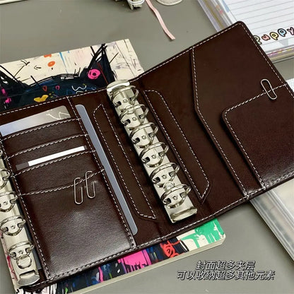 2 Binders A7 Notebook Detachable Loose-Leaf Dark Brown Notepad Portable Faux Leather Schedule Planner, With 80 Pages