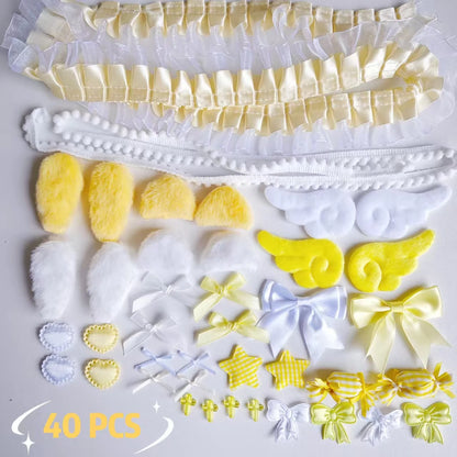 40 Pieces of Lace Handmade Material Kit, Lace Plush Bunny Ears, Angel Wings Accessories, Clothing Accessories, Heart and Star