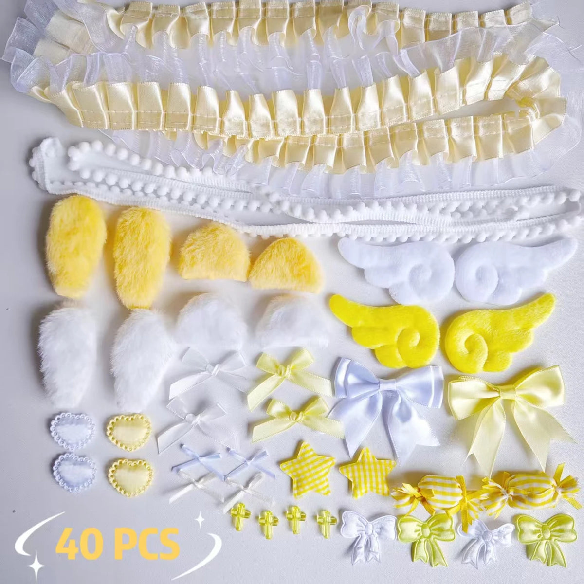 40 Pieces of Lace Handmade Material Kit, Lace Plush Bunny Ears, Angel Wings Accessories, Clothing Accessories, Heart and Star