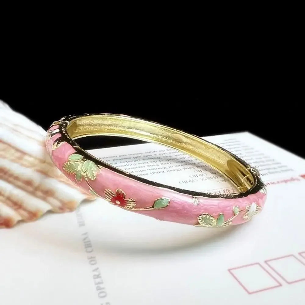 Enamel Chinese Cloisonne Bracelet Double Bangle Traditional Peony Filigree Flower Bangle Ethnic Vintage Women's Hand Bracelet