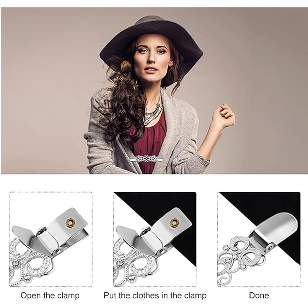 Vintage Sweater Shawl Clips Flower Patterns Retro Cardigan Collar Dresses Clips Brooch Clips Shirt Clips for Women Girls