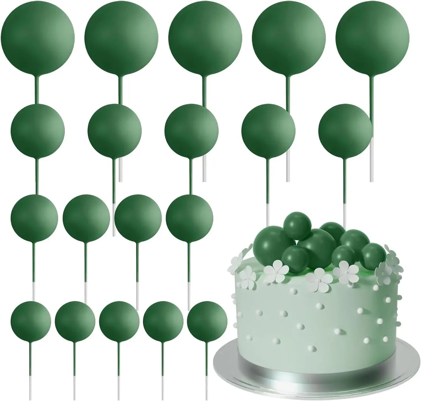 20-Piece Mini Balloon Cake Topper Decorations with Gold Ball Picks - Festive Cake Decor for Celebrations - Dark Green