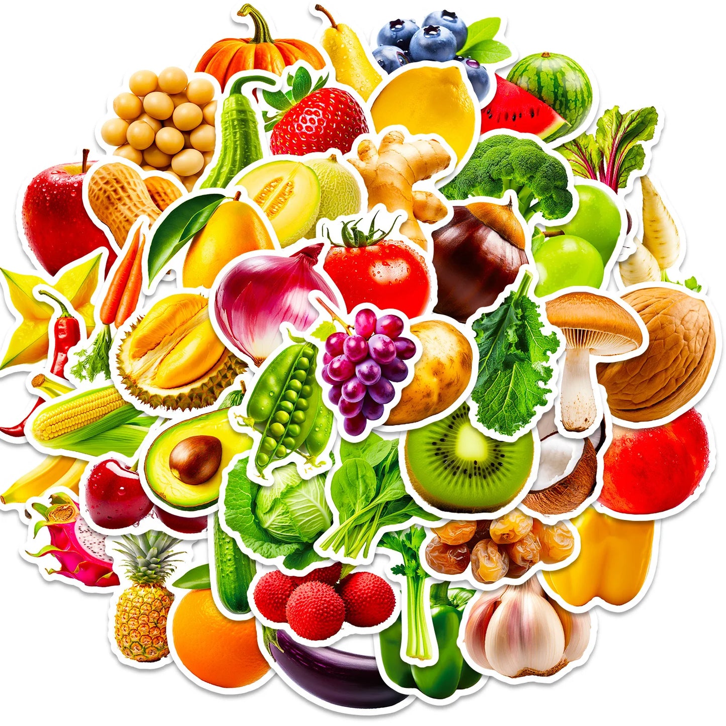 50PCS Vivid Fruit & Vegetables(Grape Cherry Carrot Broccoli) Stickers Pack - Fruit 50pcs