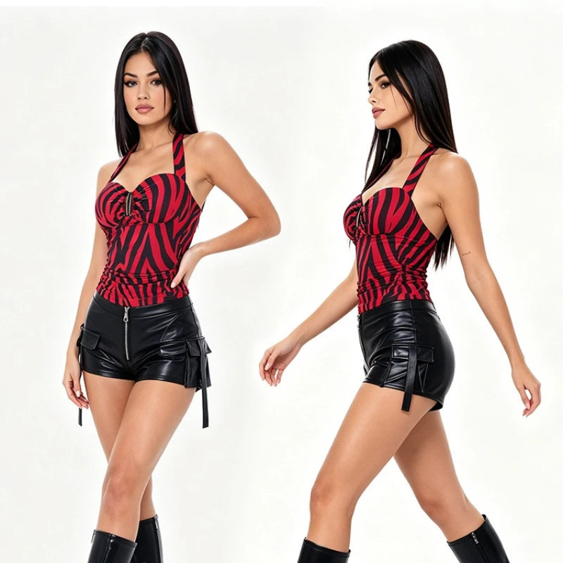 Red Black Stripe Halter Top for Women Sexy Hollow Out Backless Sleeveless Waist Cinched Camisole Summer Vintage Cosplay Costu