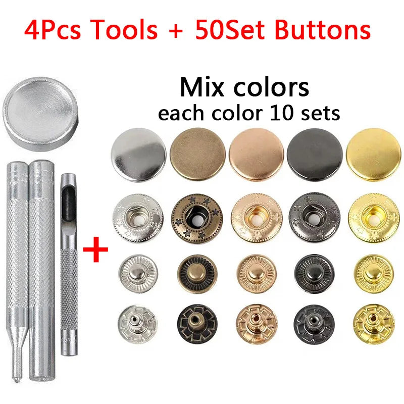 50Sets Leather Snap Fasteners Kit 10mm 12mm 15mm Metal Button Snaps Press Studs 4 Install Tools Leather Snaps For DIY Clothes