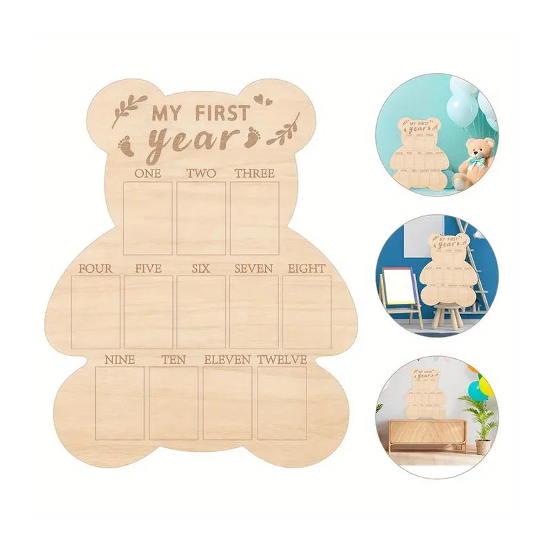 Wooden Bear First Year Milestone Photo Frame Wood Poster Board Memorial Table Decor Ornament Poster Board for Birthday Gift