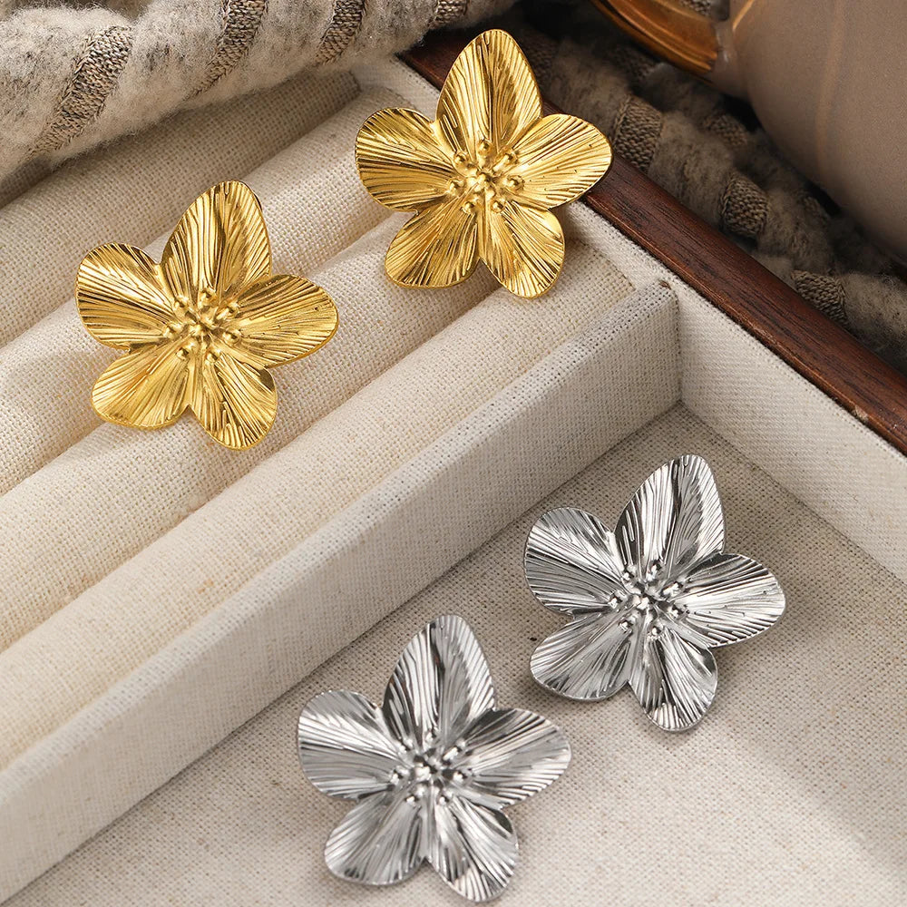 Stainless Steel Flower Stud Earrings for Women Girls Vintage Gold Color Metal Earrings Trendy Daily Wear Fashion Jewelry Gift