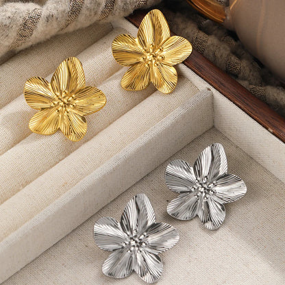 Stainless Steel Flower Stud Earrings for Women Girls Vintage Gold Color Metal Earrings Trendy Daily Wear Fashion Jewelry Gift