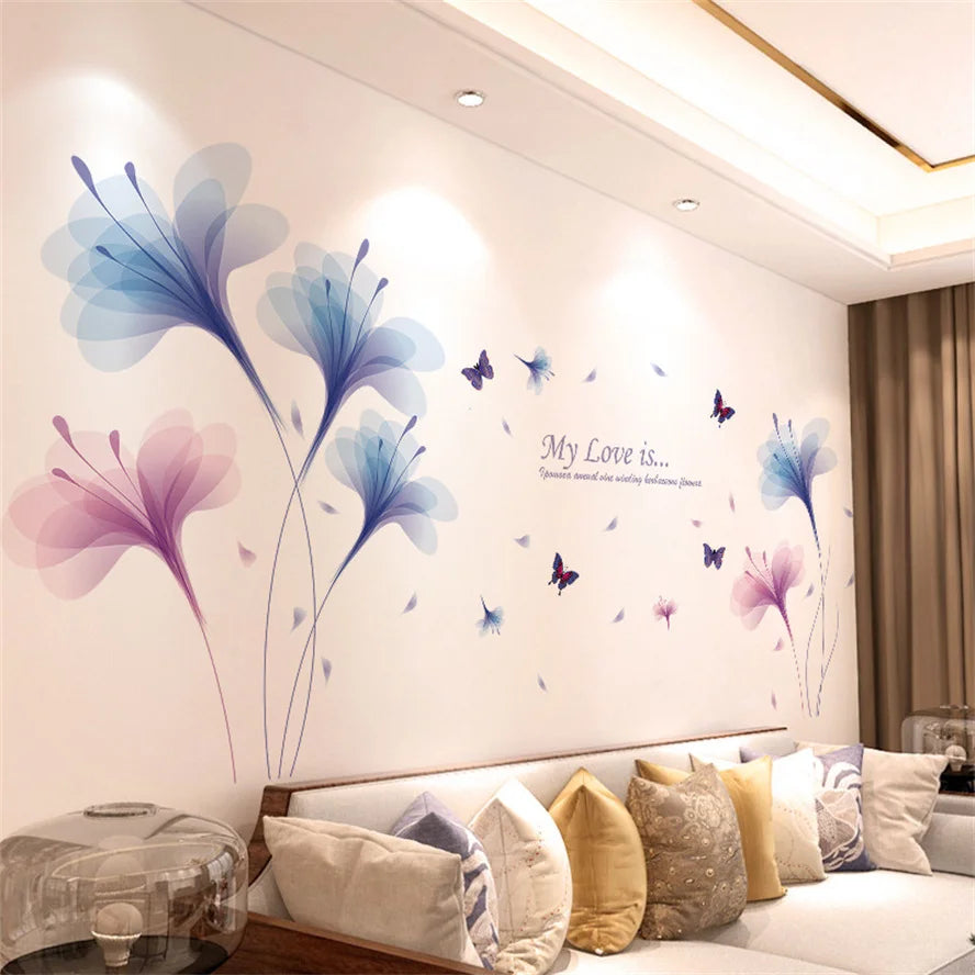 DIY Purple Lavender Living Room Wall Stickers Decor Self-adhesive Flowers Butterfly Wall Decals Mural Bedroom Home Decoration