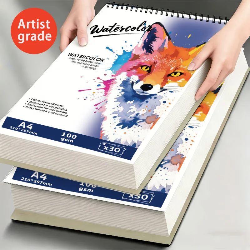 A4 /A5Spiral-Bound Watercolor Pad, 30 Pages, 100gsm Rough Paper, Wolf-Patterned Cover, Acid-Free for Artists & Hobbyists