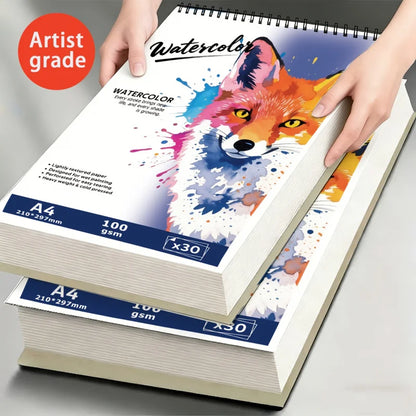 A4 /A5Spiral-Bound Watercolor Pad, 30 Pages, 100gsm Rough Paper, Wolf-Patterned Cover, Acid-Free for Artists & Hobbyists