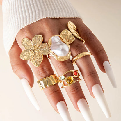 Tocona 2024 New Fashion Luxury Imitation Pearl Open Ring Sets for Women Elegant Gold Color Ring Party Jewelry Accessories